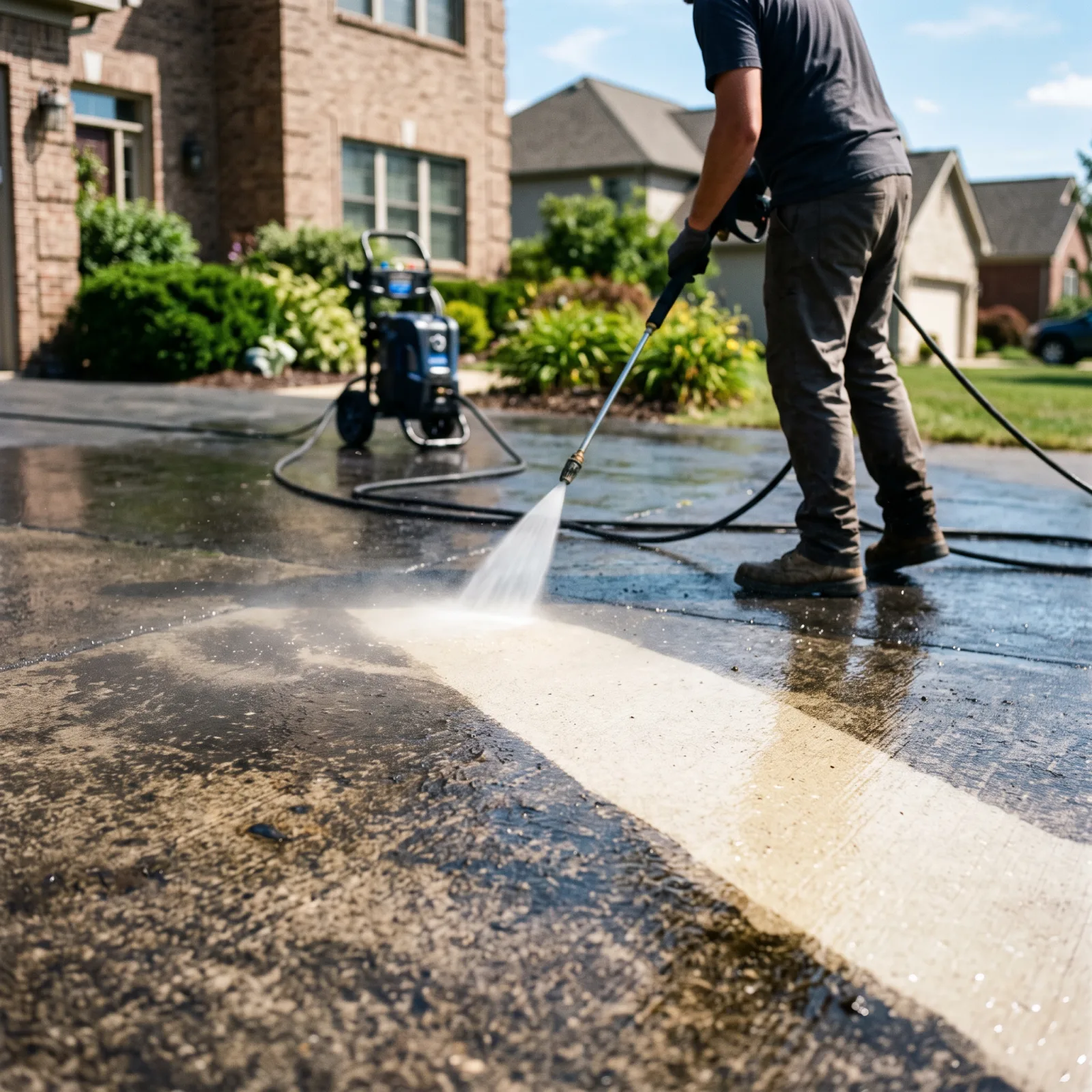 A pressure washer cutting a clean stripe through an oil-stained concrete driveway
